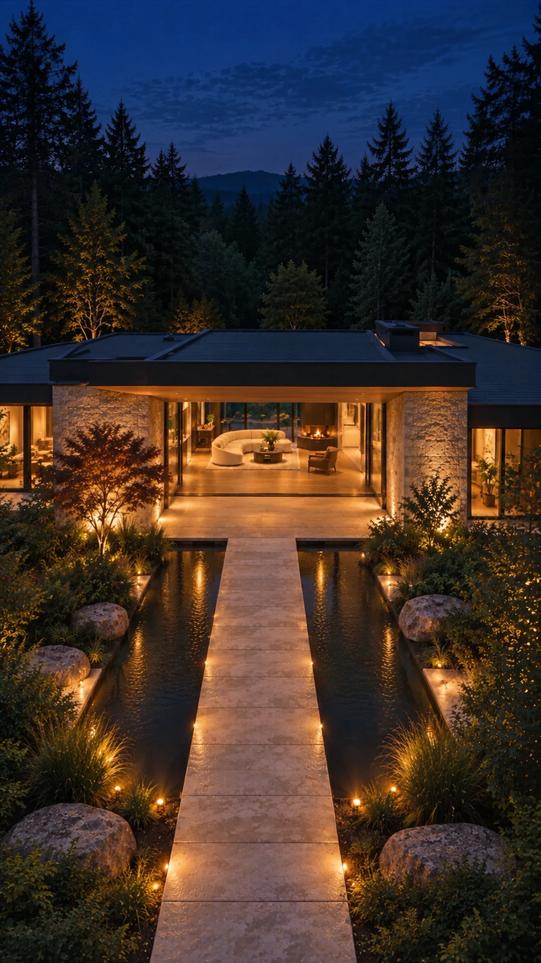An aerial view of a warmly lit woodland home, with a stone walkway crossing water toward the open living room