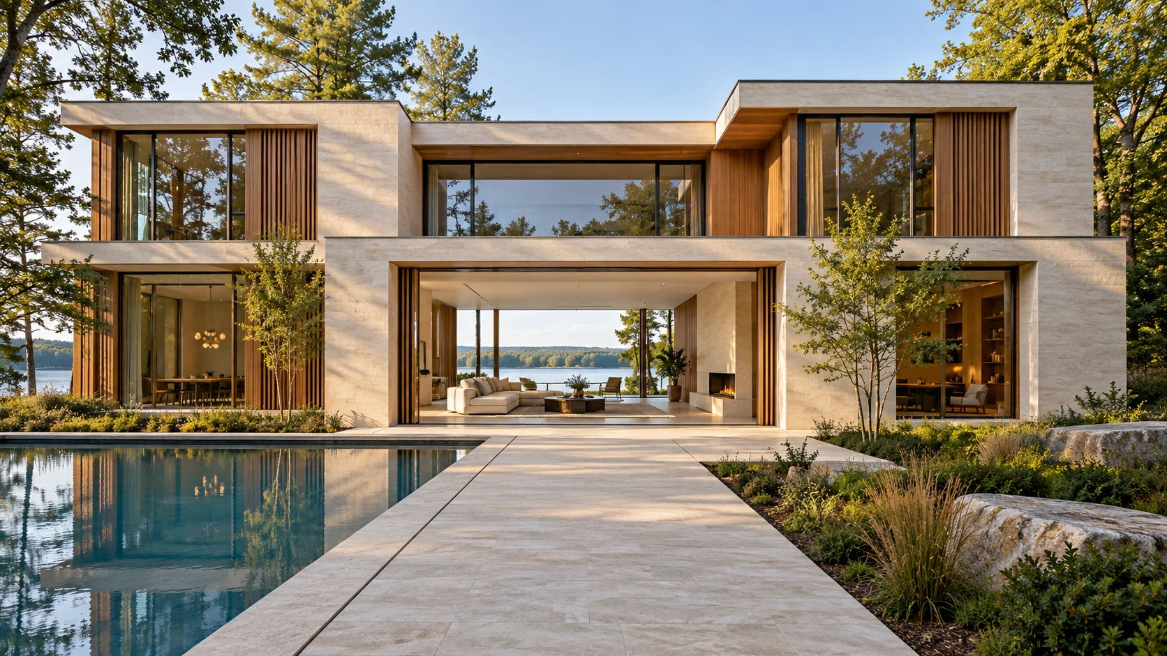 Imagined two-storey lake house in pale limestone and cedar, with bronze-framed glass and a reflecting pool on the left