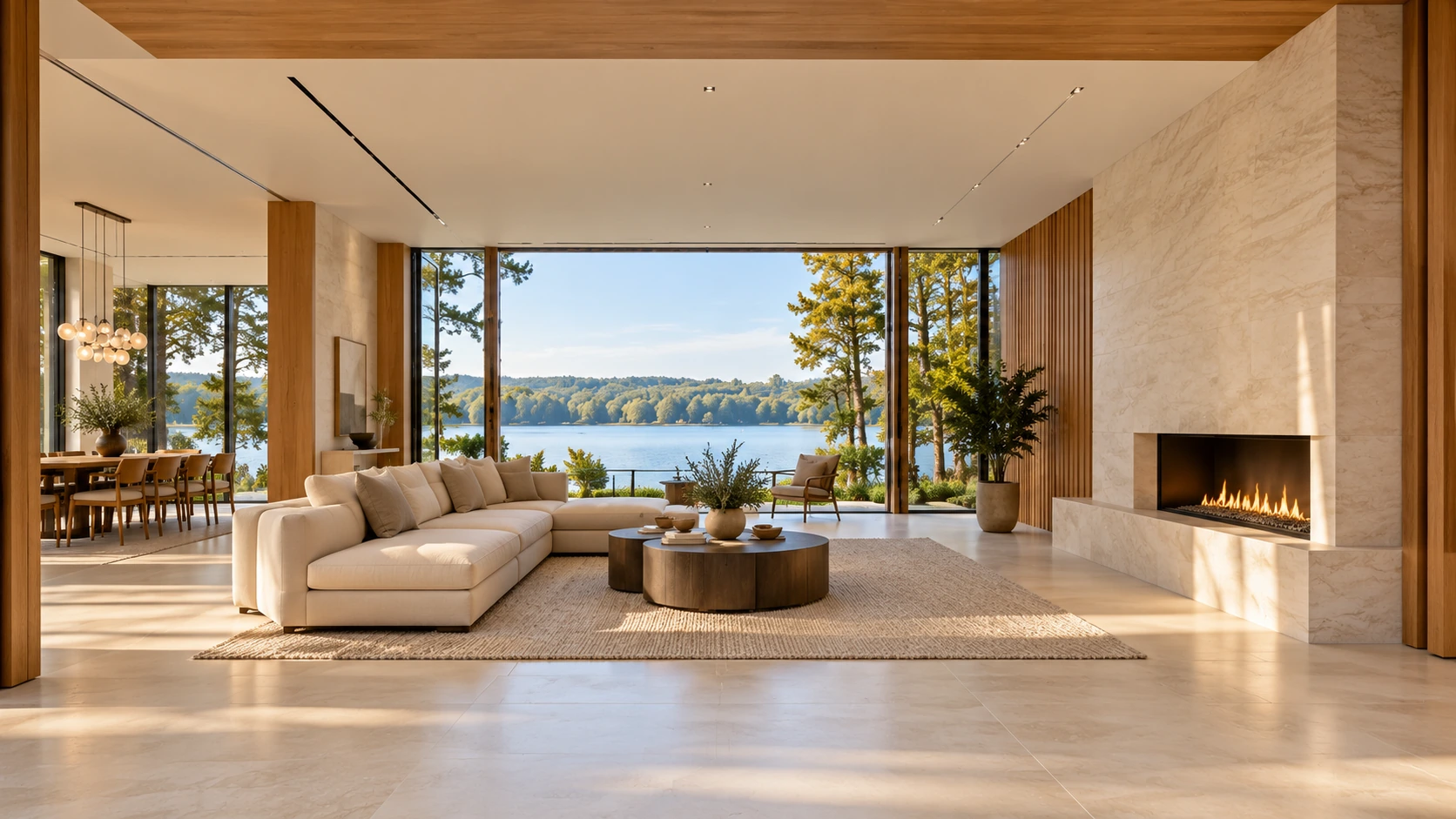 Imagined Cedar House living space with an ivory sofa, a pale stone fireplace and soft afternoon light